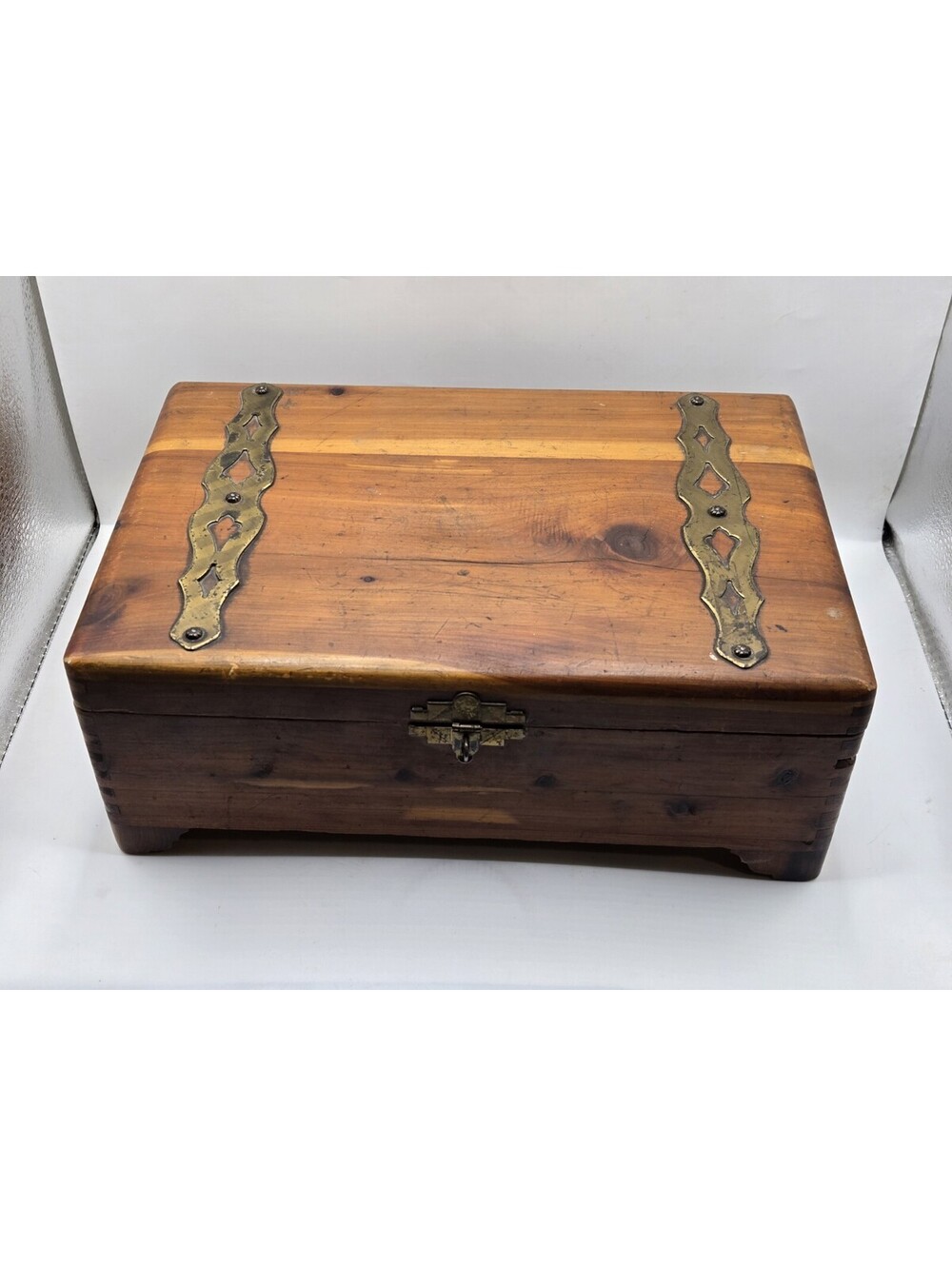 Vintage Cedar Wood Chest Box Trinket Jewelry Storage Keepsake Brass Strap READ